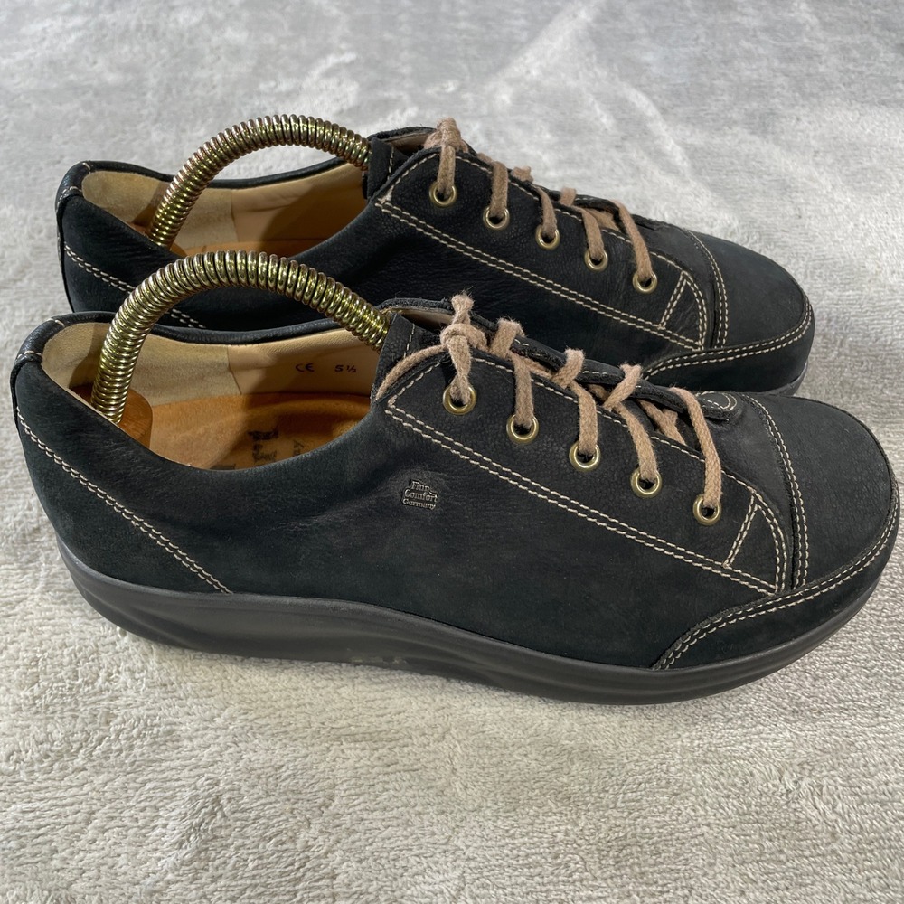 Finn Comfort Ikebukuro  Womens 5.5 Black Nubuck Leather Lace Up Shoes Casual